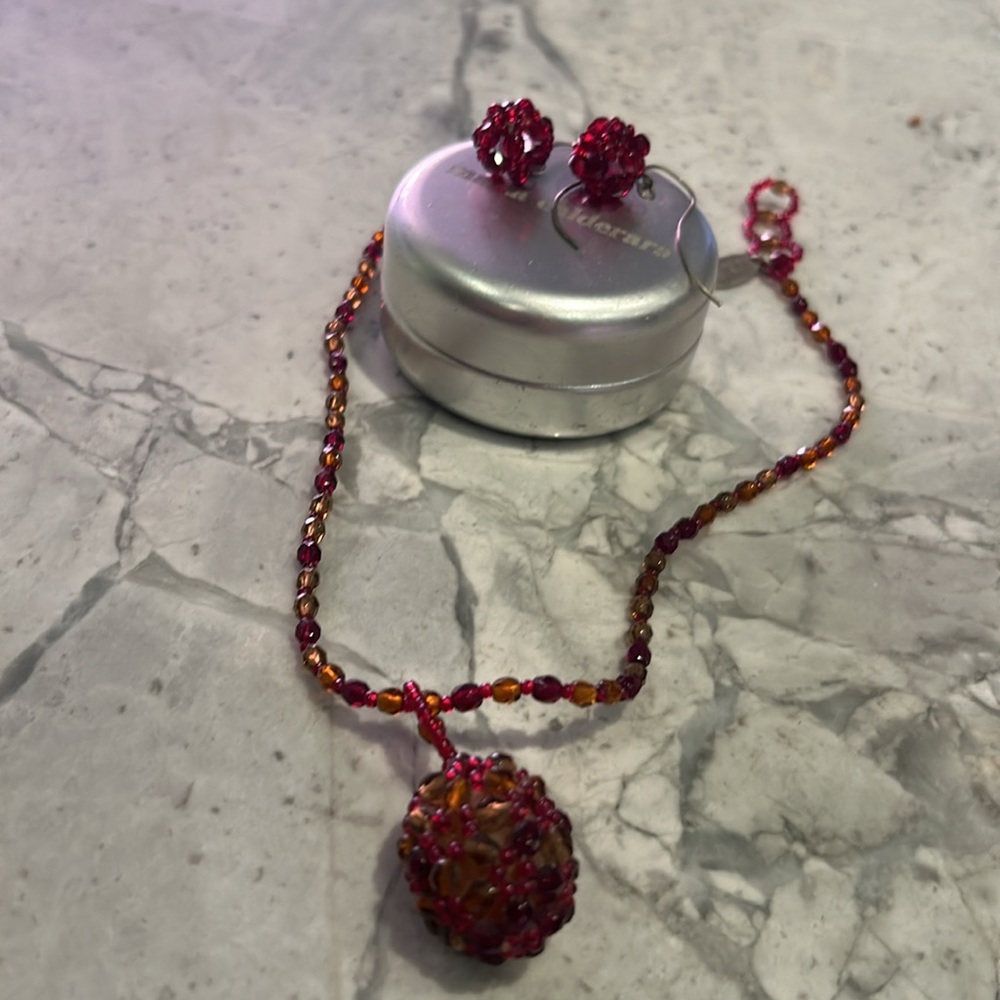 Maria Calderara vintage red beaded necklace and earrings with original tin